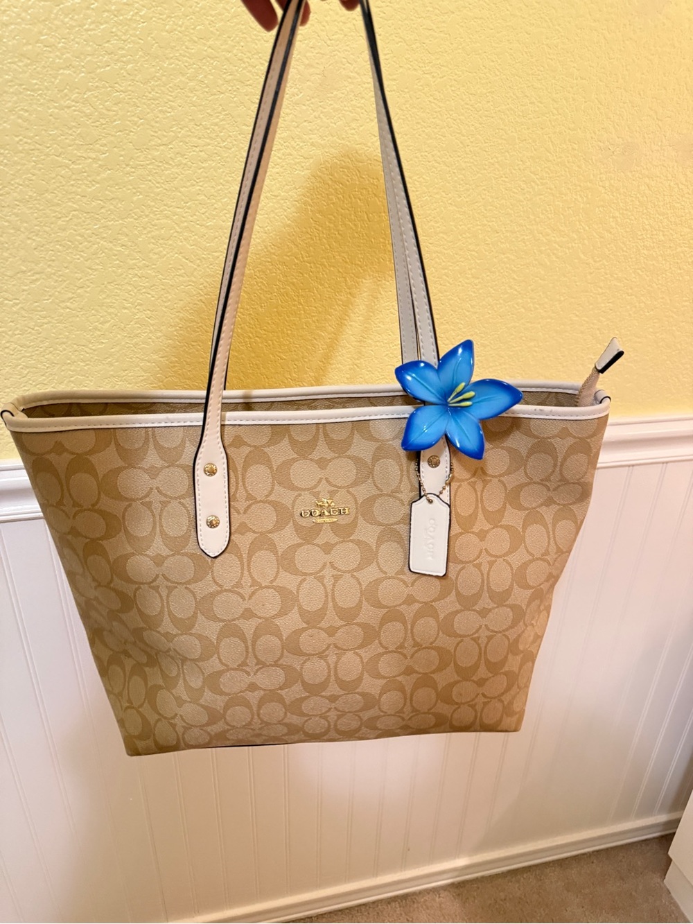 Coach Signature Canvas Tote in Beige with White Trim